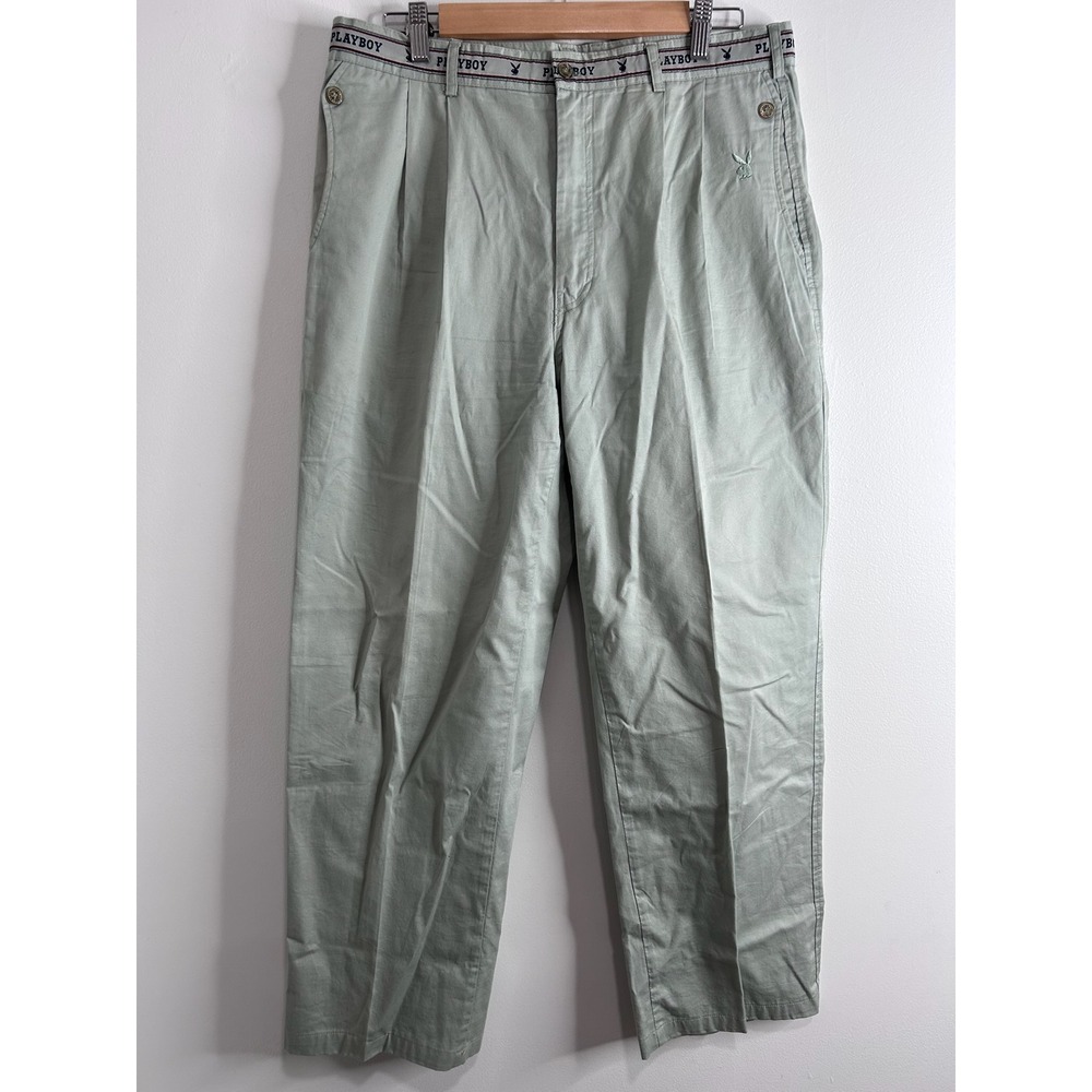 Playboy Vintage‎ Pleated Trousers Sage Green Branded Waistband Mens 34